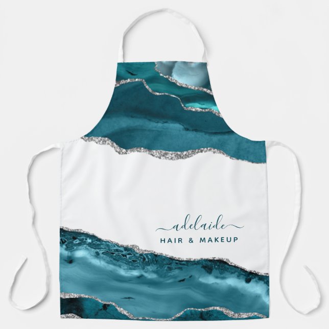 Blue Silver Glitter Modern Art Watercolor Agate Apron (Front)