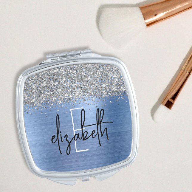 Blue Silver Glitter Monogram Name Compact Mirror (Creator Uploaded)