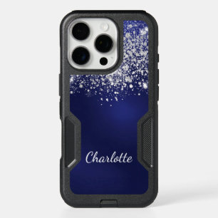 Blue silver glitter monogram name script iPhone 16 pro case