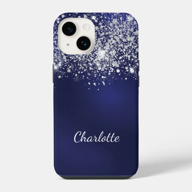 Blue silver glitter name script  iphone case (Back)