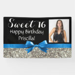 Blue Silver Glitter Photo Sweet 16 Birthday Party Banner