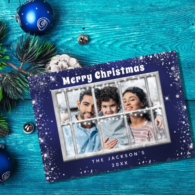 Blue silver glitter photo window Christmas card (Creator Uploaded)