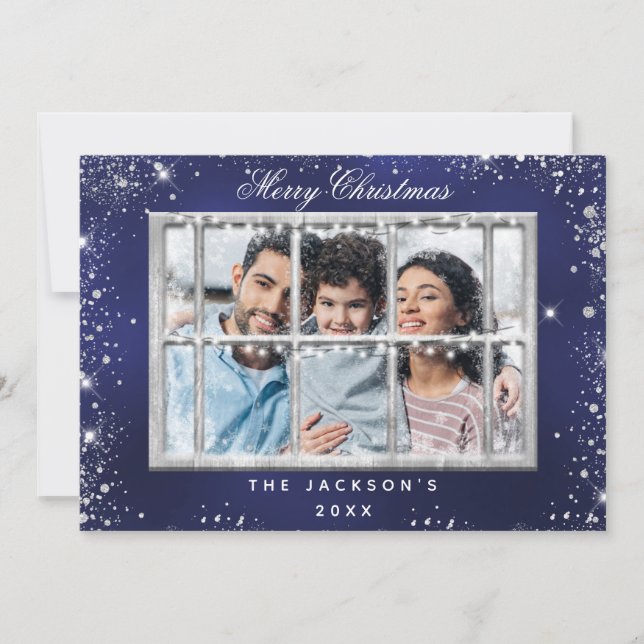 Blue silver glitter photo window Christmas card (Front)