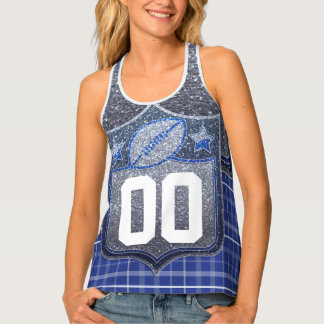 Blue Silver Glitter Plaid School Football Jersey Tank Top