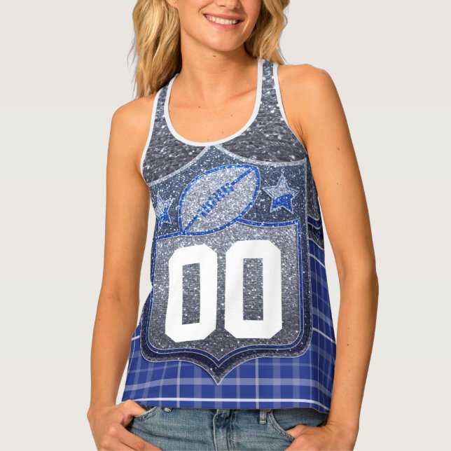 Blue Silver Glitter Plaid School Football Jersey Tank Top (Front)