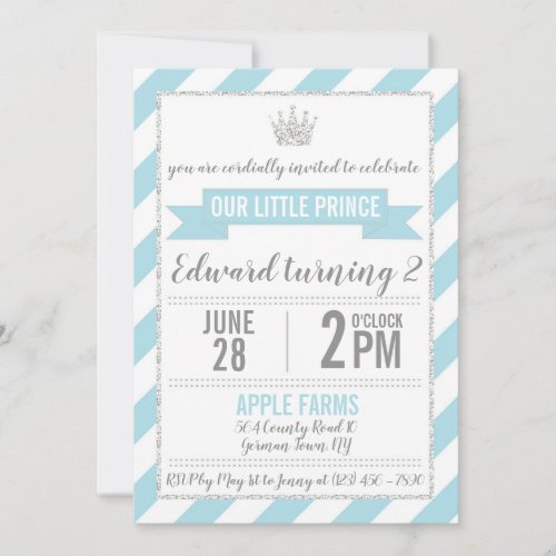 Blue Silver Glitter Prince Birthday Invitation