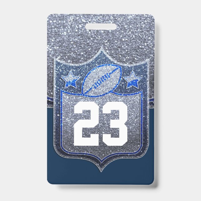 Blue & Silver Glitter School Football Team Sports Badge (Front)