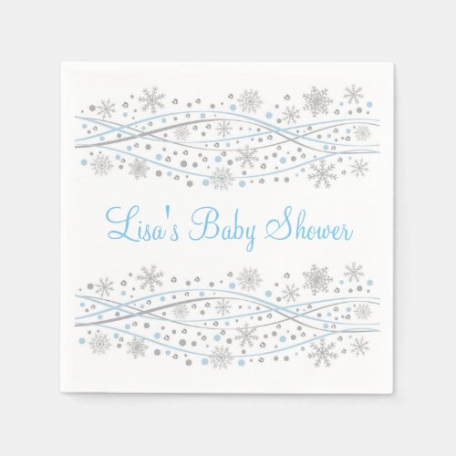 Blue  Silver Glitter Snowflake Baby Shower Paper Napkins