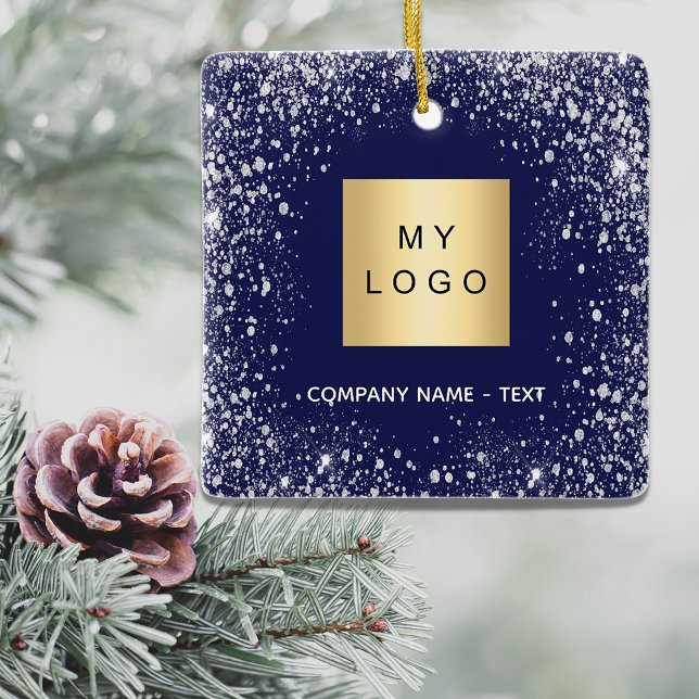 Blue silver glitter sparkle business comapany logo ceramic ornament (Creator Uploaded)