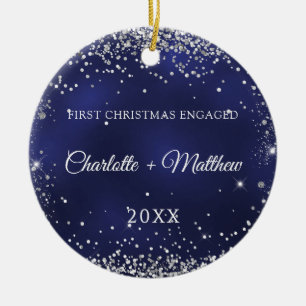 Blue silver glitter sparkles engaged photo ceramic ornament