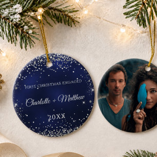 Blue silver glitter sparkles engaged photo ceramic ornament