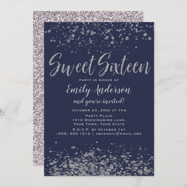 Blue Silver Glitter Sweet 16 Invitation (Front/Back)