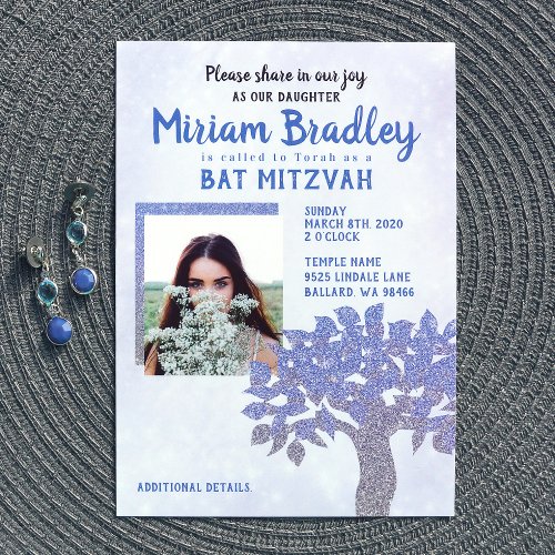 Blue  Silver Glitter Tree Bat Mitzvah Invitation
