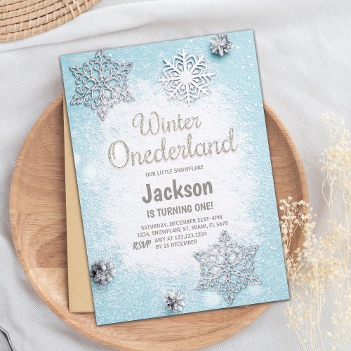 Blue Silver Glitter Winter ONEderland Invitations