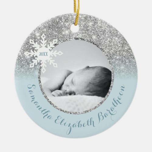 Blue Silver Glitter Winter Personalized Baby Ceram Ceramic Ornament