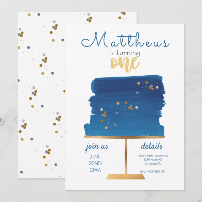 Blue, Silver & Gold First Birthday Invitation (Front/Back)
