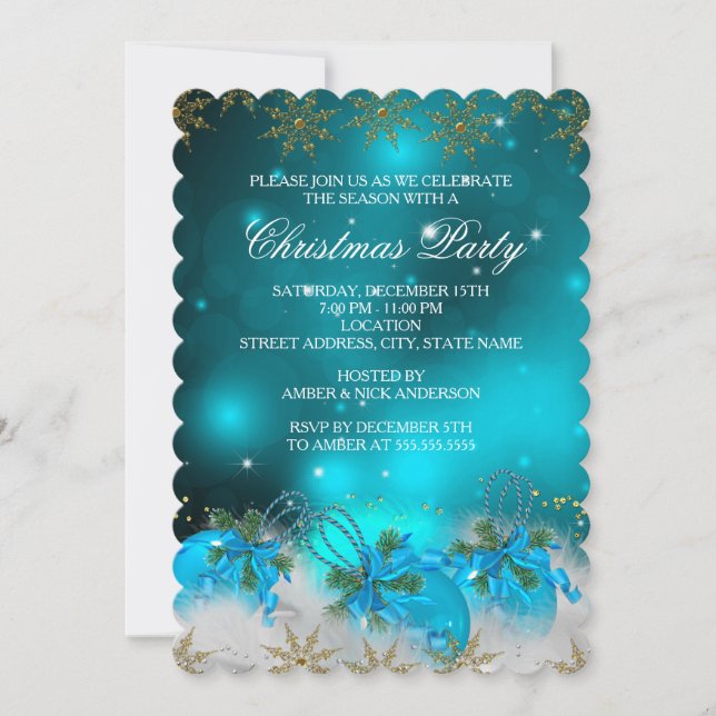 Blue Silver & Gold Holly Baubles Christmas Party 2 Invitation (Front)