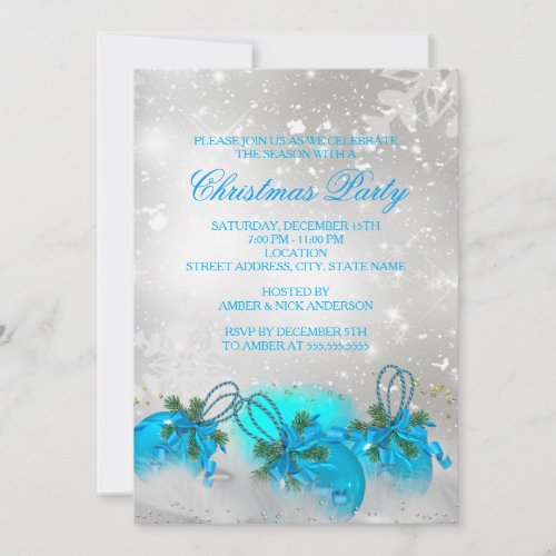 Blue Silver  Gold Holly Baubles Christmas Party 3 Invitation