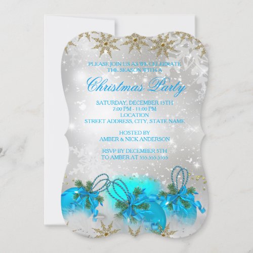 Blue Silver  Gold Holly Baubles Christmas Party Invitation