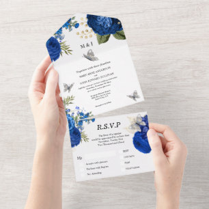 Blue silver gold rose elegant butterfly glam all in one invitation