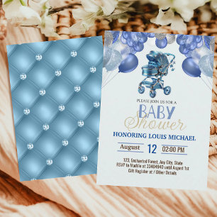 Blue Silver Gold Stroller Glitter Boy Baby Shower Invitation