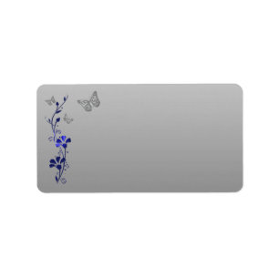 Blue, Silver Gray Butterfly Floral Label - Blank