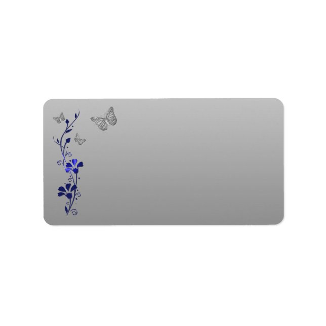 Blue, Silver Gray Butterfly Floral Label - Blank (Front)