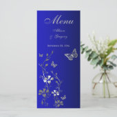 Blue, Silver Gray Butterfly Floral Menu Card (Standing Front)