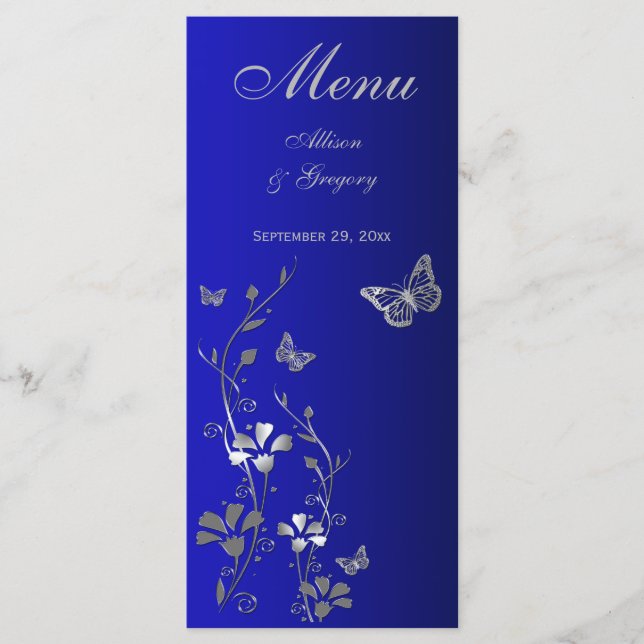 Blue, Silver Gray Butterfly Floral Menu Card (Front)
