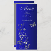 Blue, Silver Gray Butterfly Floral Menu Card (Front/Back)