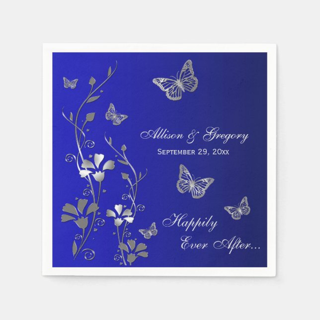 Blue, Silver Gray Butterfly Floral Paper Napkins (Front)