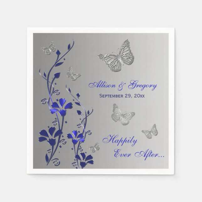 Blue, Silver Gray Butterfly Floral Paper Napkins 2 (Front)