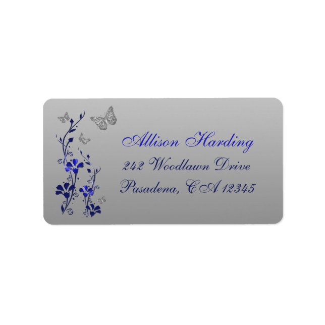 Blue, Silver Gray Butterfly Floral Return Address Label (Front)