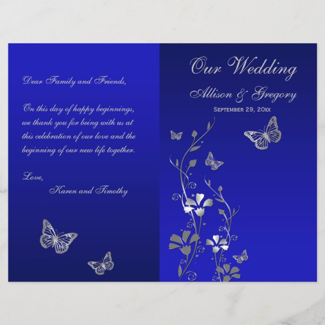 Blue, Silver Gray Butterfly Floral Wedding Program (Front)