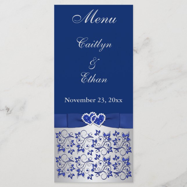 Blue, Silver Gray Floral, Hearts Menu Card (Front)