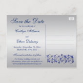 Blue, Silver Gray Floral Save the Date Postcard (Back)