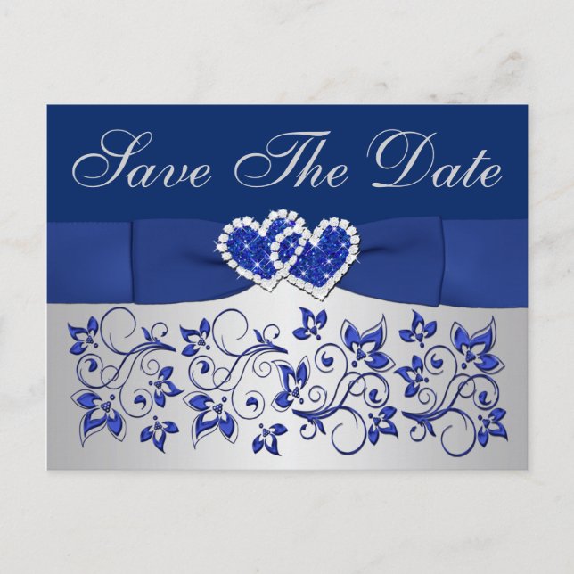 Blue, Silver Gray Floral Save the Date Postcard (Front)