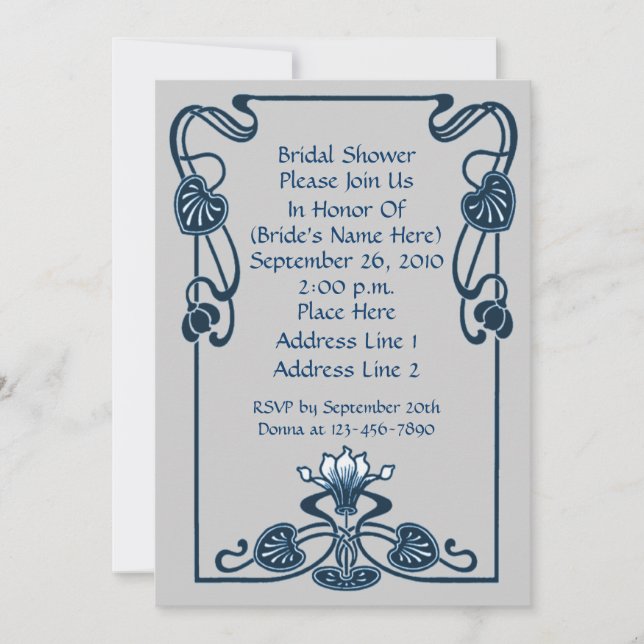 Blue Silver Gray Floral Swirls Bridal Shower  Invitation (Front)