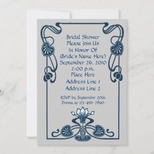 Blue Silver Gray Floral Swirls Bridal Shower Invitation