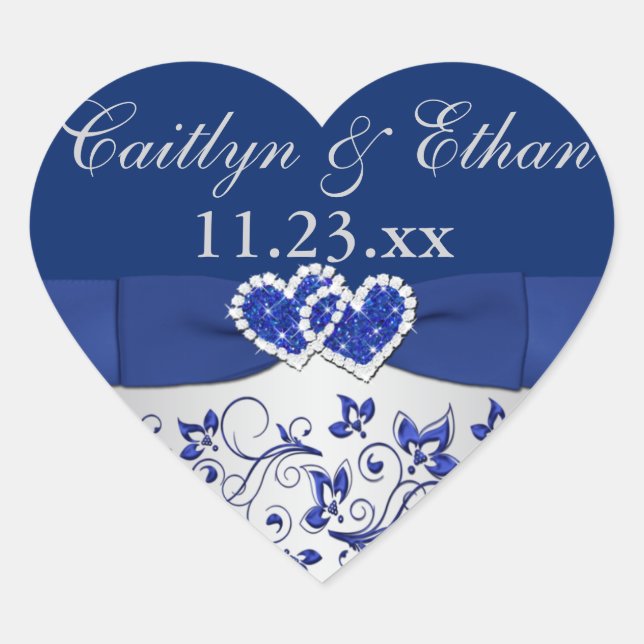 Blue, Silver Gray Floral Wedding Favor Sticker (Front)
