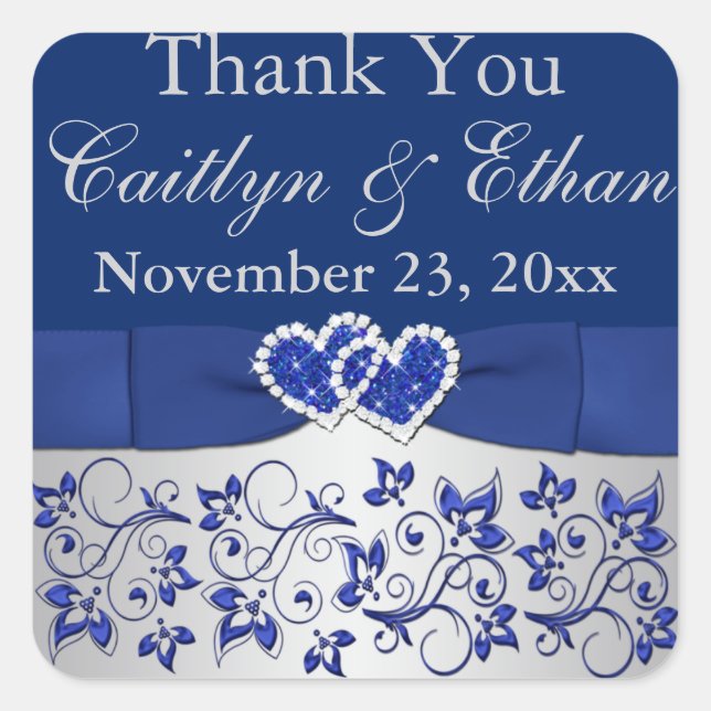 Blue, Silver Gray Floral Wedding Favor Sticker (Front)