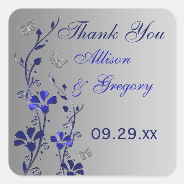 Blue, Silver Gray Floral with Butterflies Sticker (Front)