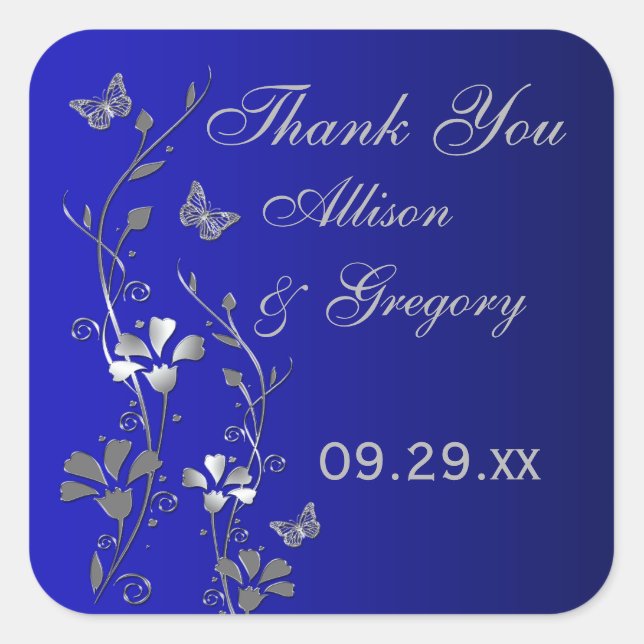 Blue, Silver Gray Floral with Butterflies Sticker (Front)