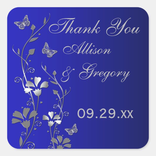 Blue, Silver Gray Floral with Butterflies Sticker (Front)