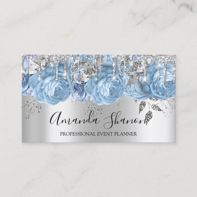 Blue Silver Gray Glitter Drip Logo Event Planner Business Card (Front)