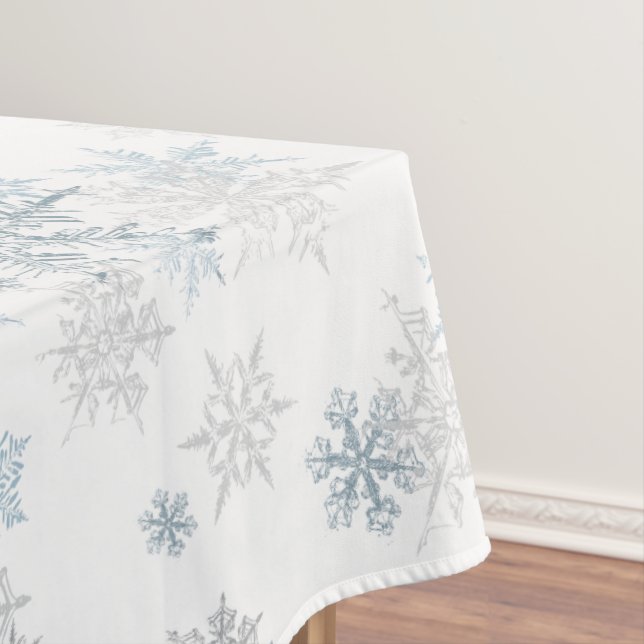 Blue Silver Gray Icy Snowflake Winter Wonderland Tablecloth (In Situ)