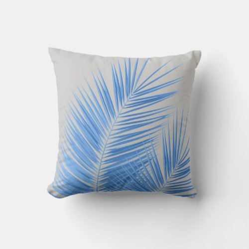 Blue Silver Gray Palm Leaves Dream 1  Throw Pillow