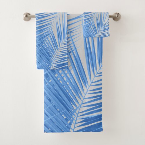 Blue Silver Gray Palm Leaves Dream 1a  Bath Towel Set
