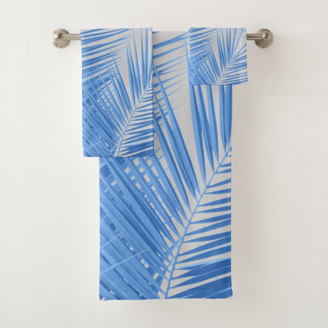 Blue Silver Gray Palm Leaves Dream #1a  Bath Towel Set (Insitu)