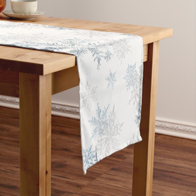 Blue Silver Gray Snowflake Winter Wonderland Short Table Runner (In Situ)